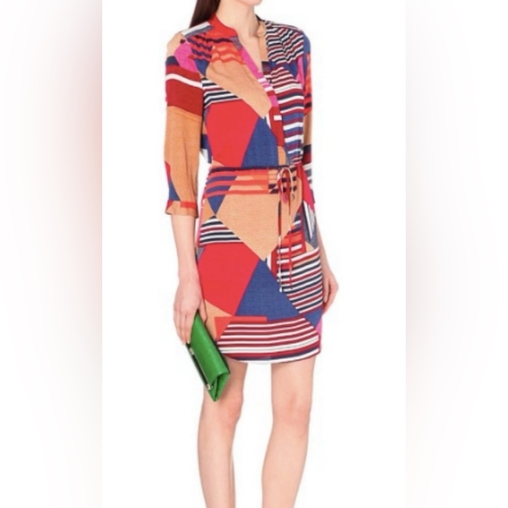 Diane Von Furstenberg Multicolor Geometric Print Dress - Red, Blue, Tan, Pink